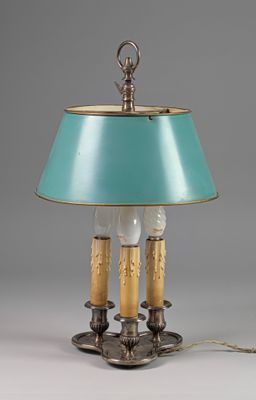 an image of a table lamp with a blue shade on it
