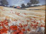 une peinture d'un champ avec des fleurs rouges