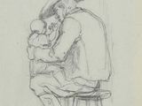 une image représentant le dessin d'un homme assis sur un tabouret