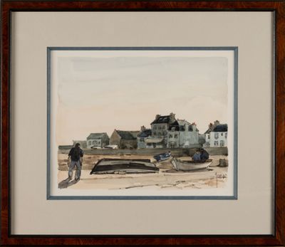 framed watercolor painting of a man walking on a beach with a boat