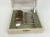 a box with a set of silver spoons and spoons in it