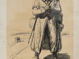 un vieux dessin représentant un homme tenant un chat dans ses bras