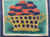 peinture représentant un panier de pommes sur un fond bleu et vert