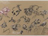 dessin représentant une rose et d'autres fleurs sur un fond marron