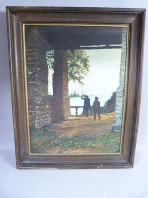 tableau représentant un homme et une femme debout sous un pont