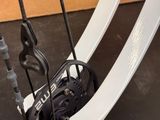 a close up of a bicycle ' s front wheel and brake