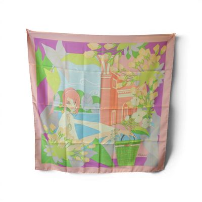 an image of a scarf with a picture of a girl and a cat