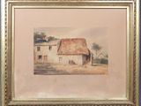 tableau représentant une grange au toit de chaume, encadré d'un cadre doré, accroché à un mur bleu