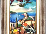 a painting of a village by the sea with a boat in the water