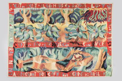 a picture of a tapestry with animals and plants on it