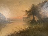 an oil painting of a river scene with a sunset in the distance