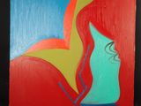 peinture représentant le visage d'une femme sur un fond rouge et bleu