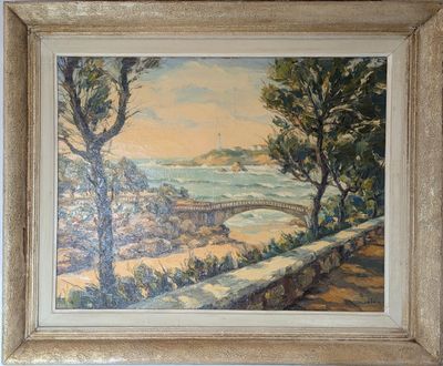 an oil painting of a bridge over a river with trees in the foreground