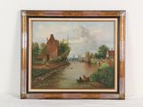 tableau à l'huile encadré représentant une scène fluviale avec des bateaux et des maisons