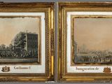 deux tableaux encadrés représentant une ville avec des bâtiments et des arbres