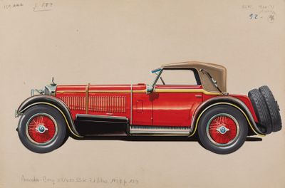 dessin d'une voiture rouge avec un toit beige et des pneus rouges