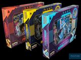 two boxes of pokemon trading cards are shown on a black background