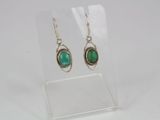 a pair of silver and green earrings on a clear stand