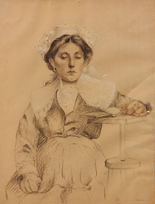un vieux dessin représentant une femme assise à une table, coiffée d'un chapeau