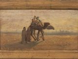 une peinture à l'huile représentant un homme chevauchant un chameau dans le désert