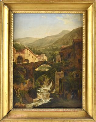 une peinture à l'huile représentant un pont sur une rivière, avec un village en arrière-plan