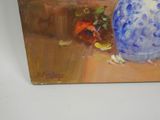 a painting of a blue and white vase on a table