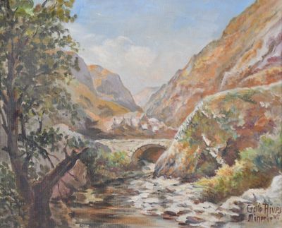 une peinture à l'huile représentant une rivière qui traverse une vallée, avec des montagnes en arrière-plan