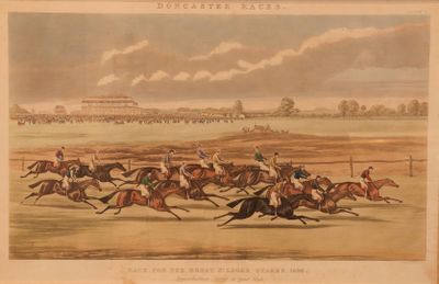 une peinture représentant une course de chevaux avec des jockeys et des chevaux