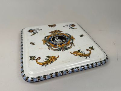 a white and blue box with a picture of a lion on it