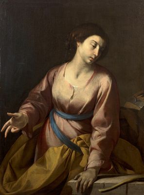 tableau représentant une femme en robe rose, assise sur un rebord à côté d'un livre