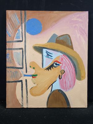 un tableau représentant une femme coiffée d'un chapeau de paille en train de fumer une cigarette