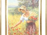 painting of a woman picking flowers in a field