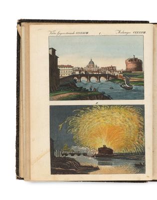 un vieux livre avec des images d'une ville et d'une rivière