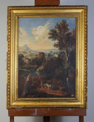 une peinture à l'huile représentant un paysage avec un homme et un chien