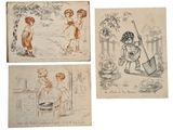 quatre dessins représentant des enfants jouant dans un jardin avec une pelle et un tuyau d'arrosage