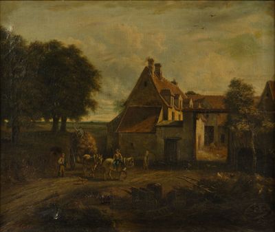 an image of a painting of a farm scene with a horse drawn carriage