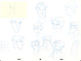sketches of a man ' s face and various facial expressions on a white board