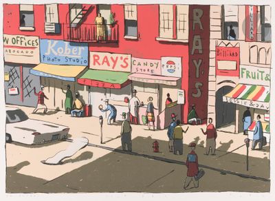 painting of a busy city street with people walking on the sidewalk