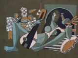 painting of a woman playing a musical instrument and a man sitting on a chair