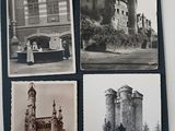 several old black and white photos of a castle with a clock tower