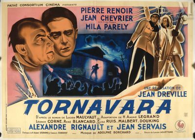 an old movie poster of two men and a woman in front of a building