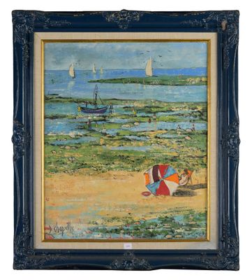 une image représentant un tableau représentant une scène de plage avec des voiliers au loin