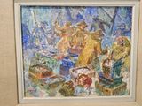 a painting of a group of people on a beach
