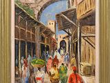 une peinture à l'huile représentant une scène de rue où des gens se promènent