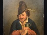 an old painting of a man with a feather on his head sitting at a table