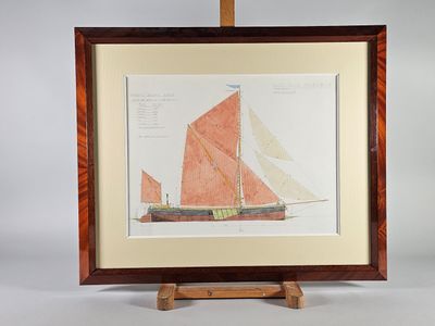 une image représentant un tableau représentant un voilier posé sur un chevalet en bois