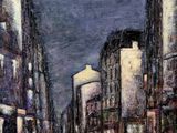 an oil painting of a city street at night with buildings in the background