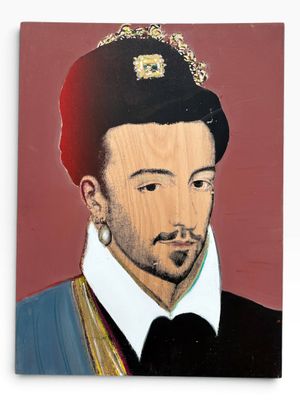 portrait d'un homme coiffé d'une couronne, sur fond rouge