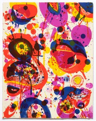 an abstract painting of colorful circles on a white background