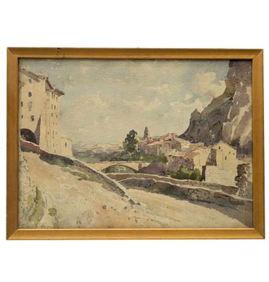 an image of a painting of a village on a hill